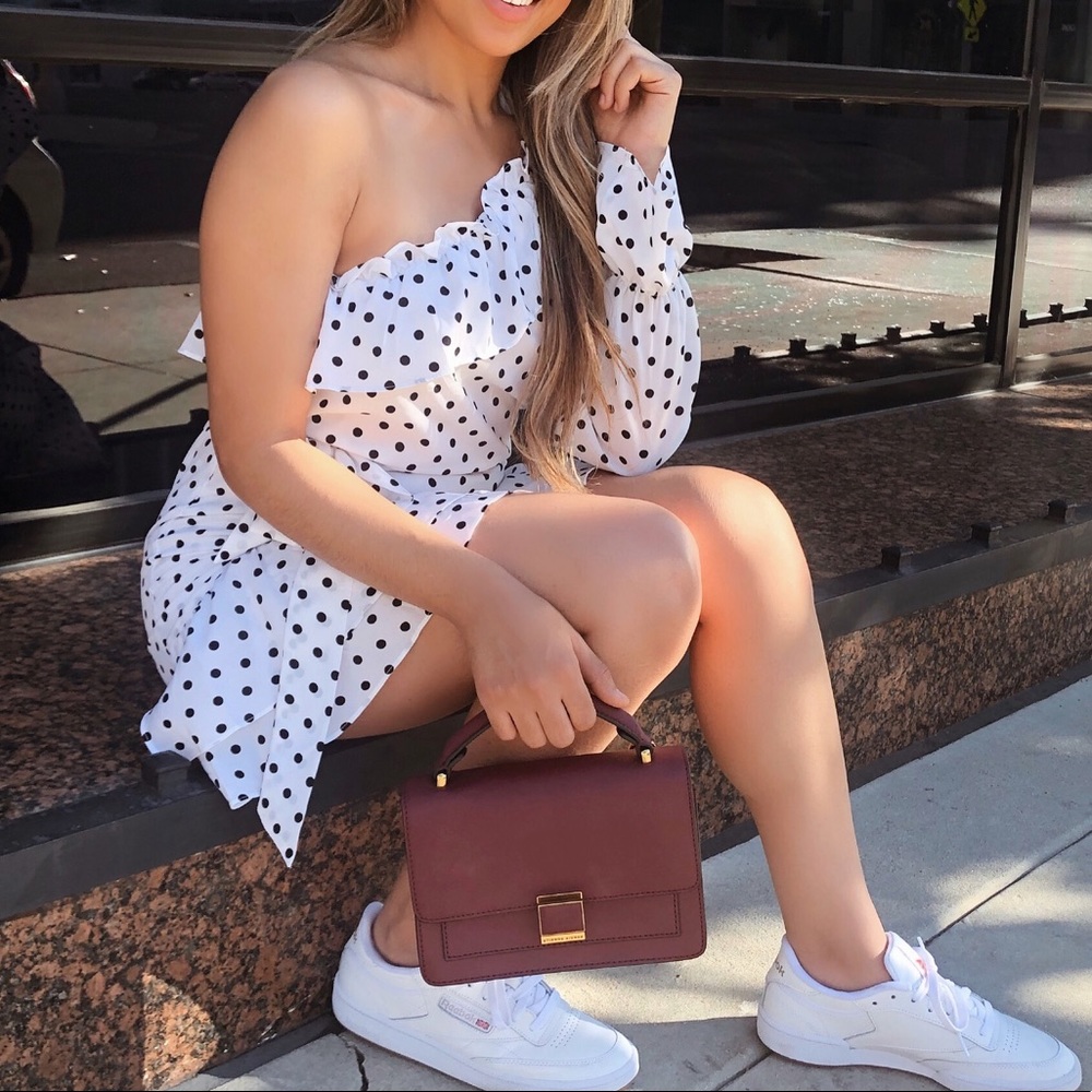 One shoulder polka dot dress